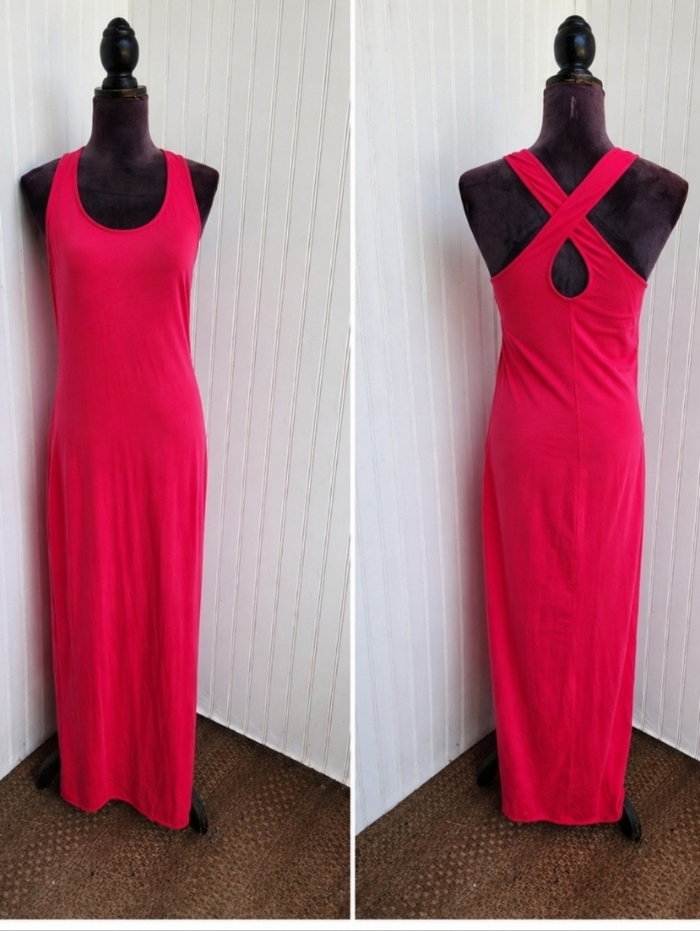 Lole Women's Hot Pink Sleeveless Maxi Long Stretch Sheath Dress Criss Cross M